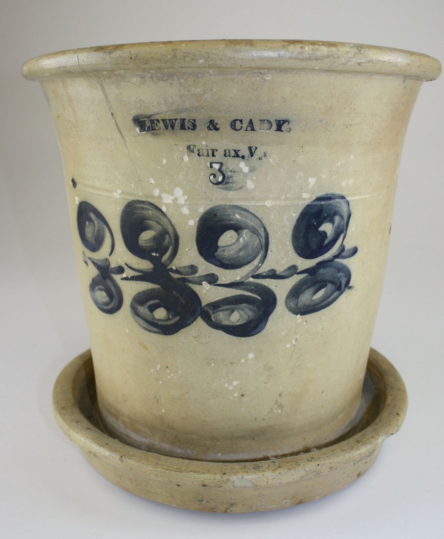 Lewis & Cady Fairfax,VT blue dec stoneware: Lewis & Cady Fairfax,VT blue dec stoneware planter-chips, crack ht 11”
