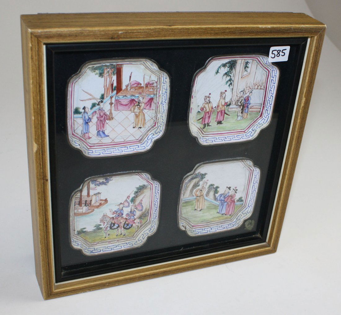 set of 4 Chinese hand painted enamel dishes in shadow: set of 4 Chinese hand painted enamel dishes in shadow box frame- 3.75”
