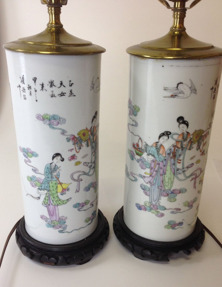 Pair of Chinese 19th c cylindrical porcelain vases: Pair of Chinese 19th c cylindrical porcelain vases turned into lamps. 11" h.