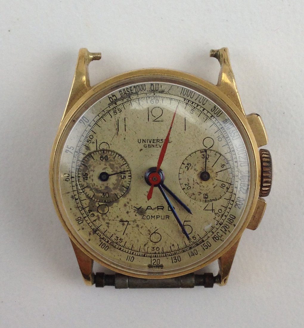 Ladies 18k y.g Universal Geneve wrist watch Yard: Ladies 18k y.g Universal Geneve wrist watch Yard Compur. Not running. Damage to case.