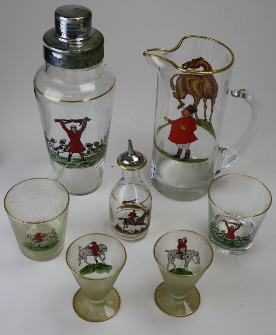 22 cocktail glasses with English hunt scenes, shakers,: 22 cocktail glasses with English hunt scenes, shakers, and hand painted pitcher