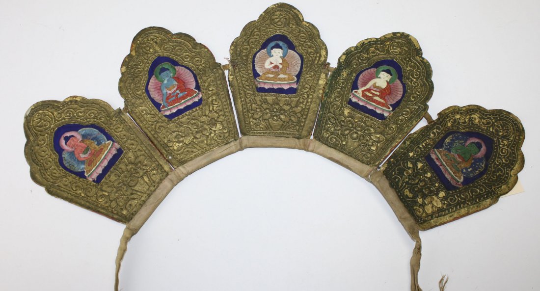 19th c Japanese Buddhist head dress w/ 5 hand-painted: 19th c Japanese Buddhist head dress w/ 5 hand-painted illustrations of deities- width 19.5”