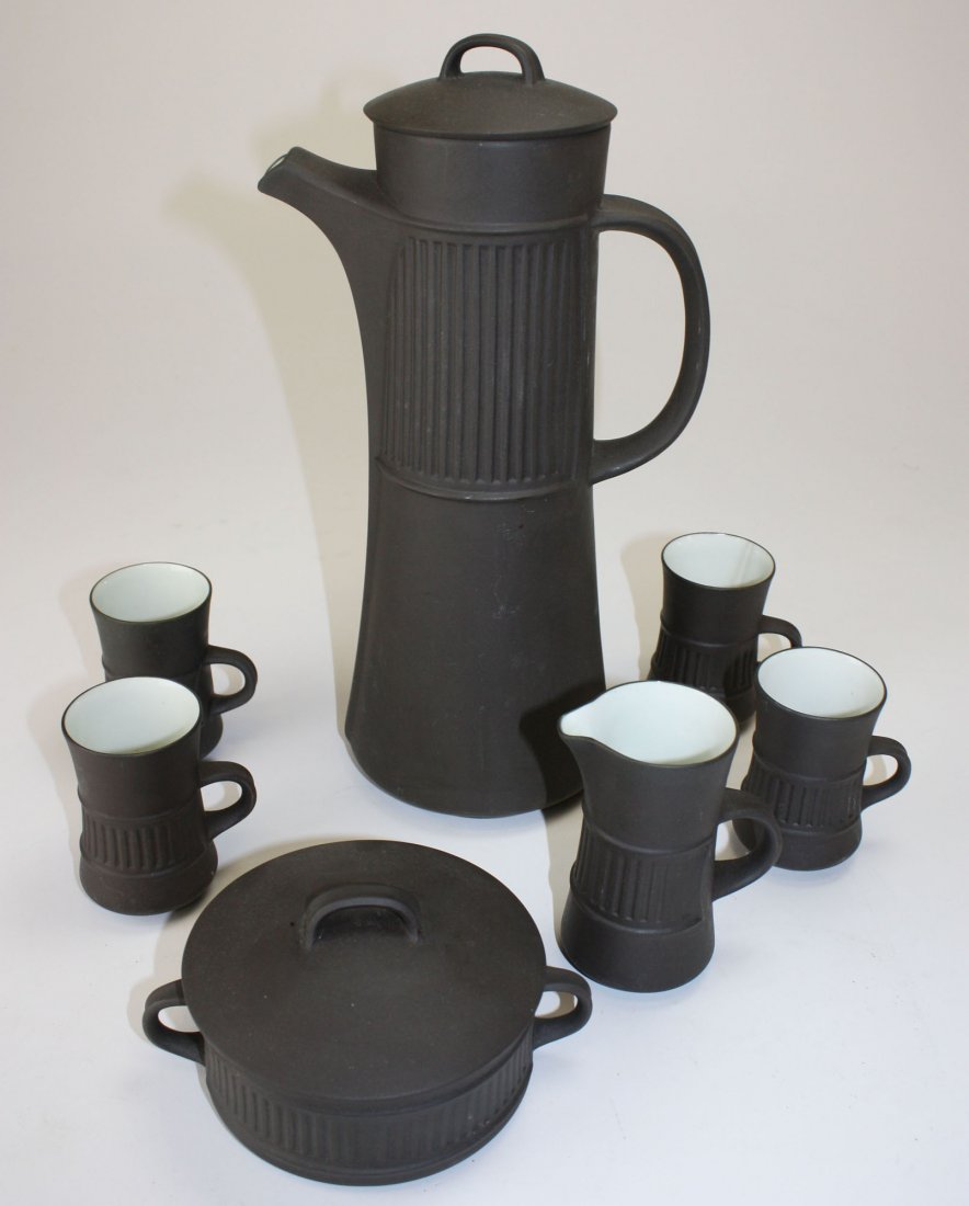 1958 Dansk IHQ Jens Quistgaard “flamestone” tall coffee: 1958 Dansk IHQ Jens Quistgaard “flamestone” tall coffee pot w/ lid, creamer, sugar w/ lid, & 4 cups-3 ducks mark- coffee pot ht 13”