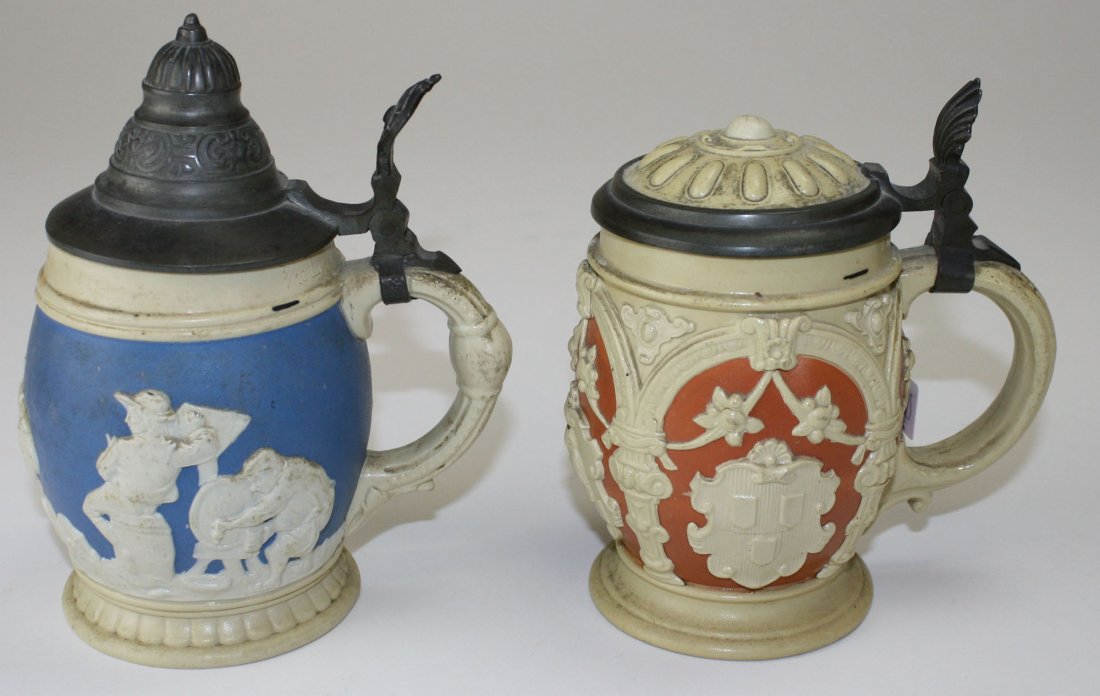 Villeroy and Boch, and Mettlach stoneware steins with: Villeroy and Boch, and Mettlach stoneware steins with pewter lids 6.5”, 5.5”
