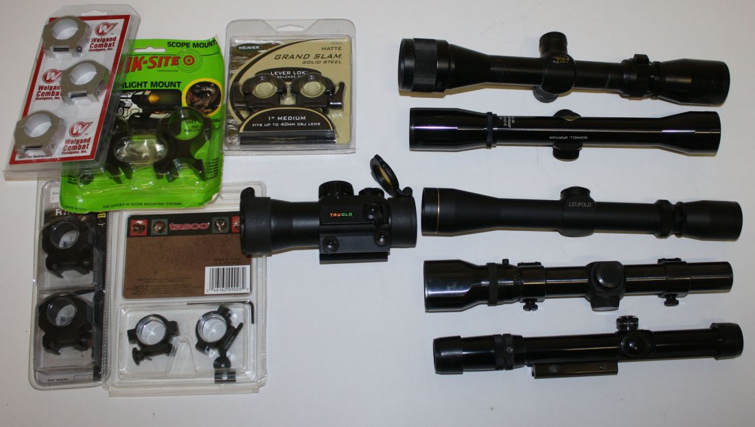 six scopes, including Leupold 3 x9, Tru Glo, Bushnell,: six scopes, including Leupold 3 x9, Tru Glo, Bushnell, and BSA