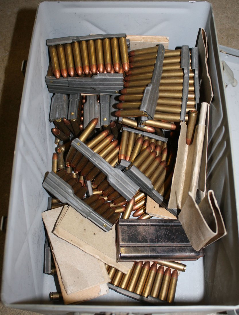 Box of 30cal ammo from M1 carbine with additional clip: Box of 30cal ammo from M1 carbine with additional clip for same in WWII era Life Boat First Aid Kit box approx 410 rounds