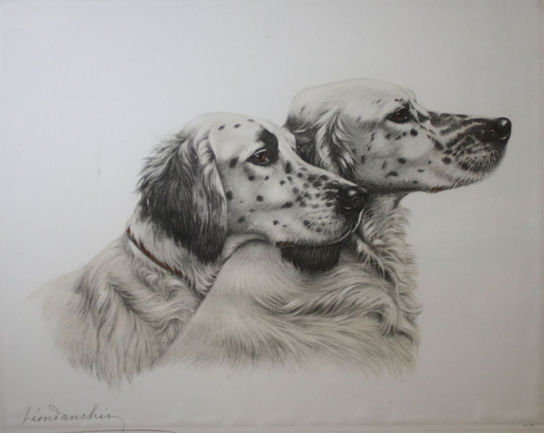 Leon Danchiz signed engraving of two hunting dogs 16” x: Leon Danchiz signed engraving of two hunting dogs 16” x 19.5”
