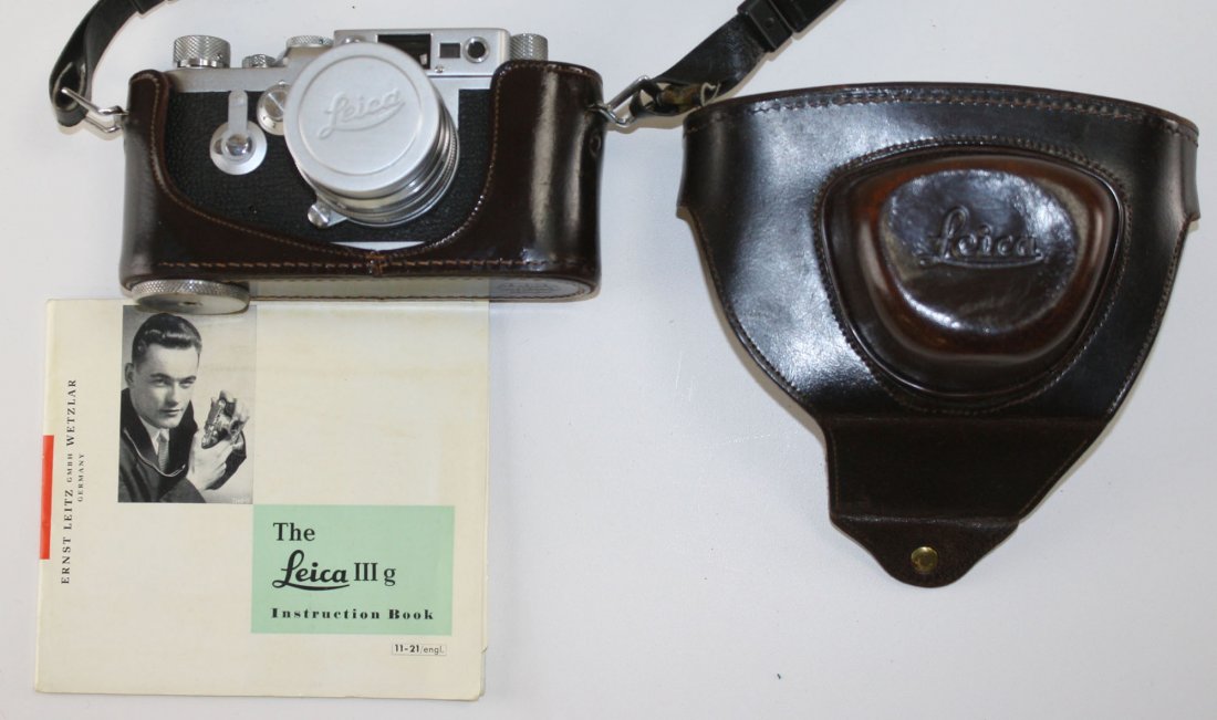 Leica IIIg camera w leather case, orig instruction: Leica IIIg camera w leather case, orig instruction manual w/ Leitz Wetzlar f=5cm 1: 1.5 lens