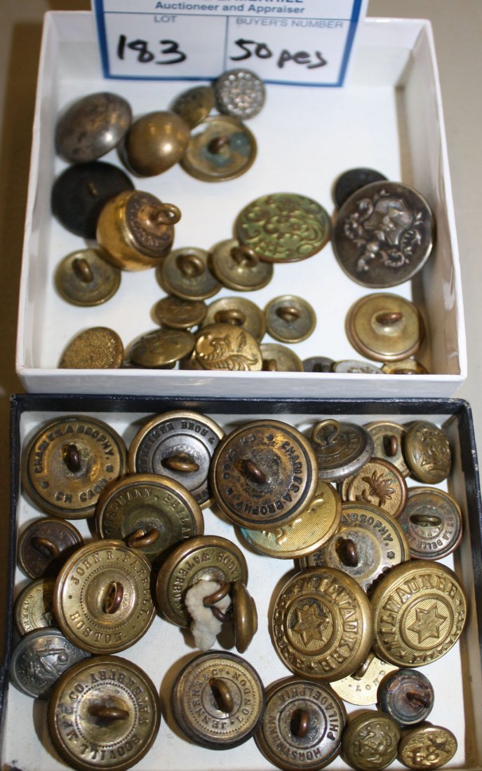 Asst'd 19th c. brass, copper, & hard rubber buttons: Asst'd 19th c. brass, copper, & hard rubber buttons incl. Milwaukee Police, Post Office, Grange and other uniform buttons 50 pcs