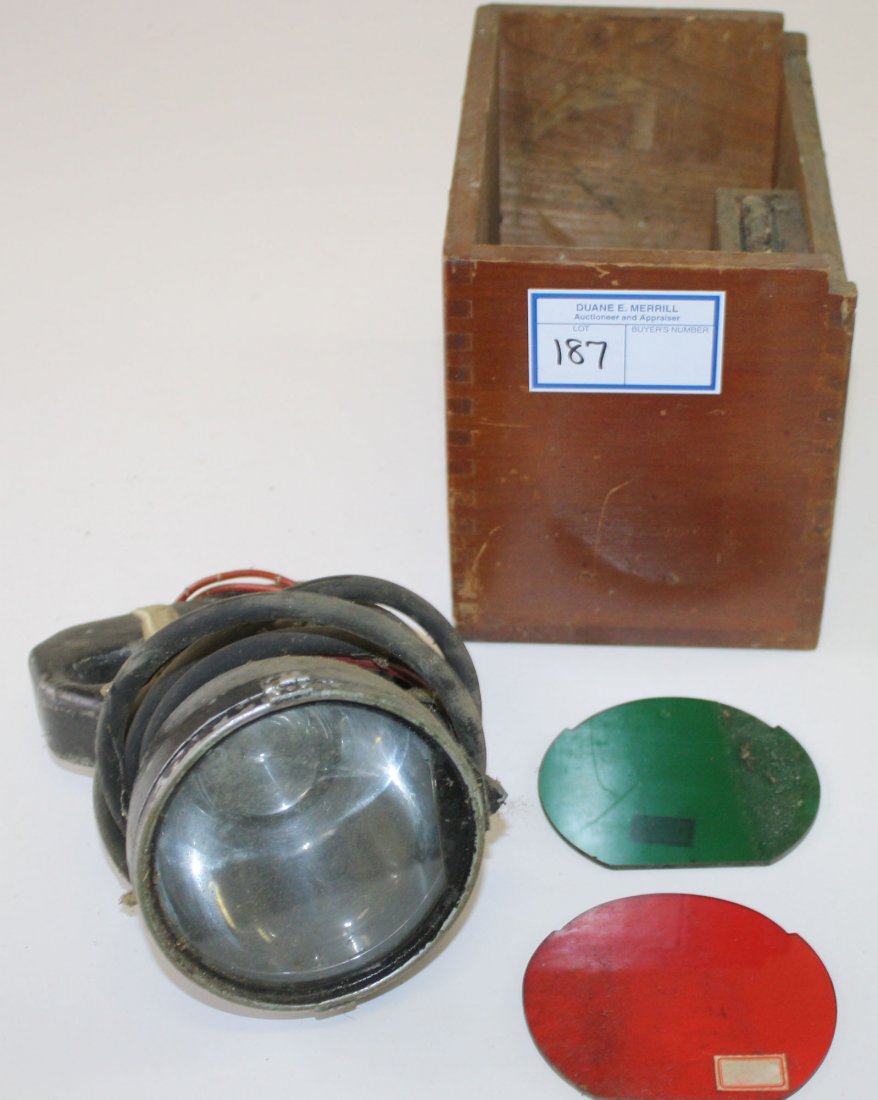 Japanese WWII Naval hand-held electronic signaling: Japanese WWII Naval hand-held electronic signaling device w/ two colored lenses & wooden case- dam, lid missing