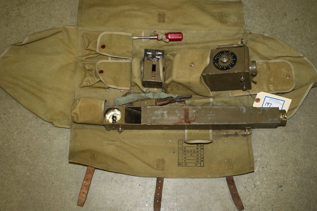 Japanese WWII trench warfare hand-held electronic: Japanese WWII trench warfare hand-held electronic signaling device w/ tripod, colored lenses, & cloth case