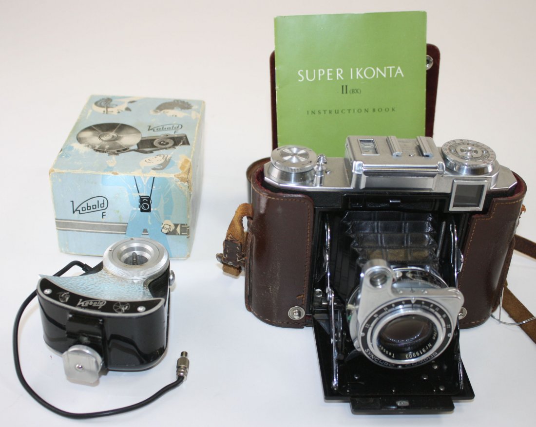 Zeiss Super Ikonta II (bx) folding camera w/ original: Zeiss Super Ikonta II (bx) folding camera w/ original instruction book, Kobold F flash w/ original box mkd West Germany