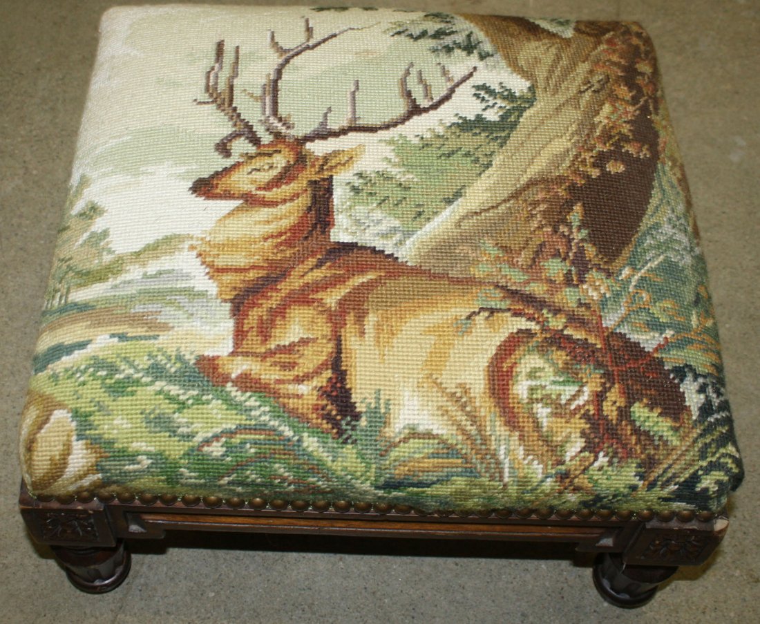 Victorian style footstool w/ needlework deer upholstery: Victorian style footstool w/ needlework deer upholstery