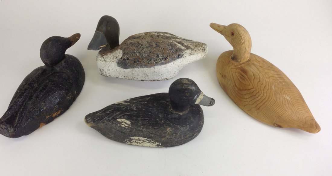 Group of 4 various decoys Mc. George Thompson Jr. signd: Group of 4 various decoys Mc. George Thompson Jr. signd goldeneye cork body, Lake Champlain blue bill, hollow cork body & signed A. Coman Kingsley On. Loon.