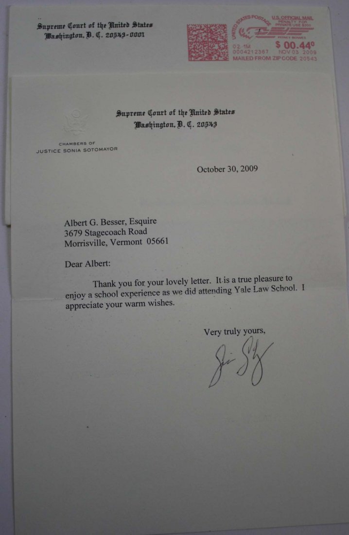 Sonia Sotomayor typed letter signed on Supreme Court: Sonia Sotomayor typed letter signed on Supreme Court letterhead