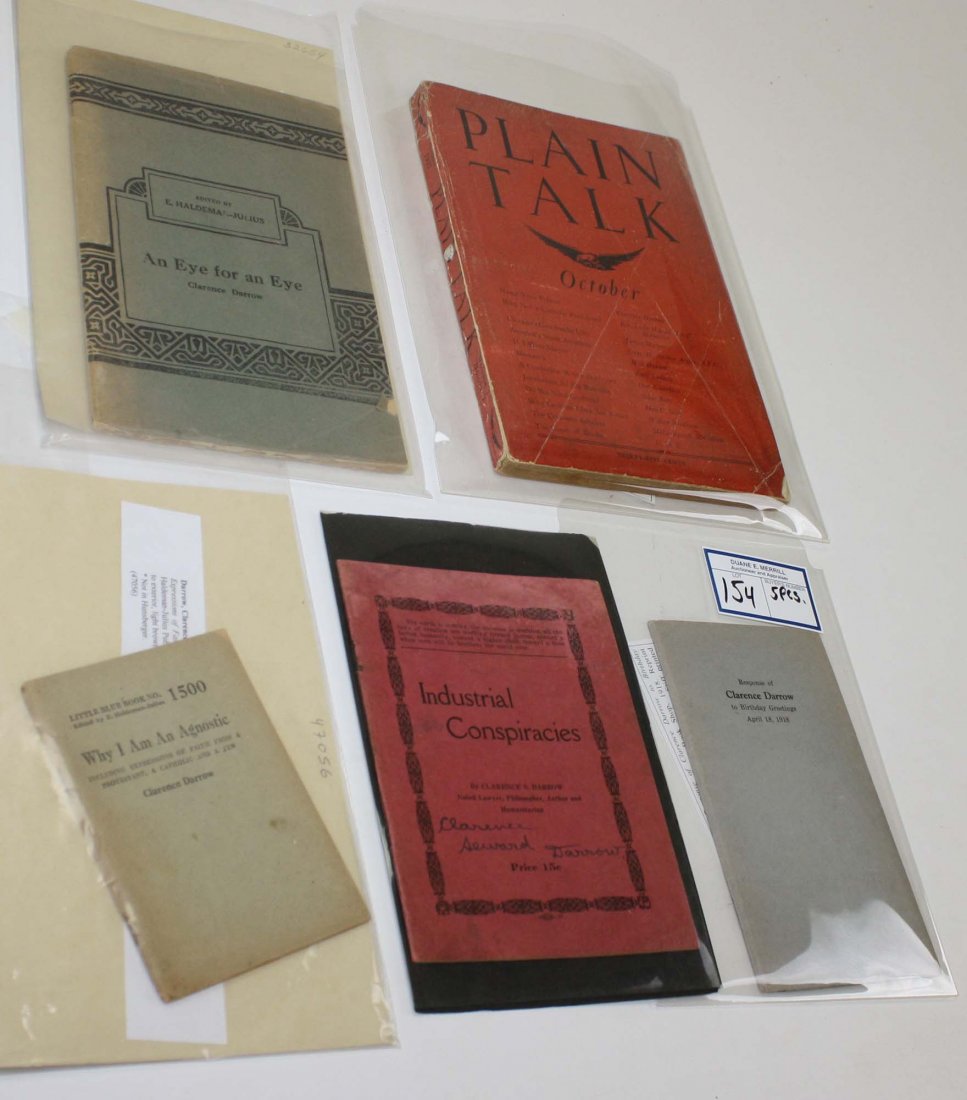 Clarence Darrow- Five pamphlets Industrial Conspiracies: Clarence Darrow- Five pamphlets Industrial Conspiracies (Signed by Darrow), Response to Birthday greetings, An Eye for an Eye, Why I am an Agnostic, Plain Talk “Name Your Poison”