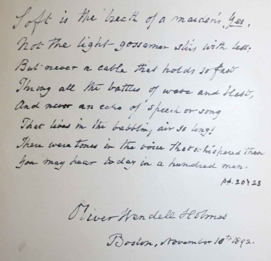 1892 Oliver Wendell Holmes “ Dorothy Q, Boston Tea: 1892 Oliver Wendell Holmes “ Dorothy Q, Boston Tea Party, Bunker Hill ” illus by Howard Pyle w/ Holmes signed inscribed verse on flyleaf, warmly signed Holmes gift card