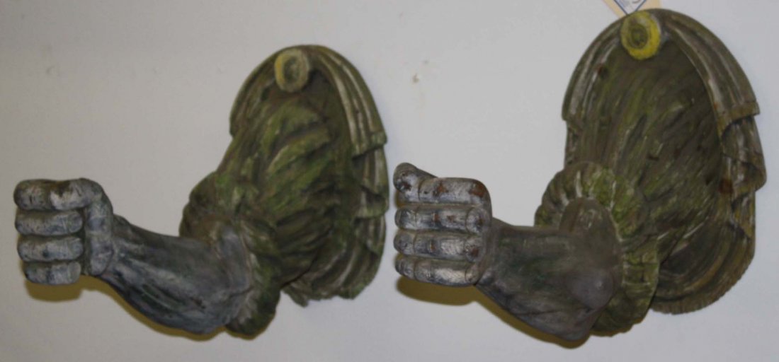 pr of early 20th c carved wooden arms used as lamp: pr of early 20th c carved wooden arms used as lamp brackets- from the home of Alexander Calder- traces of old paint-23” x 15” pr of early 20th c carved wooden arms used as lamp brackets- from the