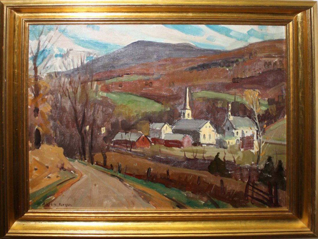 Alden Bryan (VT 1913-2001) Town Landscape o/c 18 x 22": Alden Bryan (VT 1913-2001) Town Landscape o/c 18 x 22" signed lower left