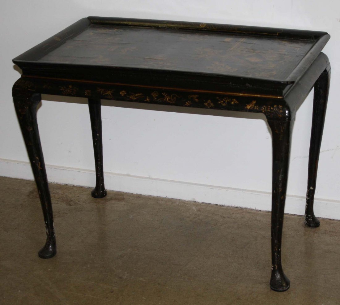 18th c English QA Chinoiserie dec tray top tea table on: 18th c English QA Chinoiserie dec tray top tea table on cabriole legs. 33"w x 25½h x 25¼d.