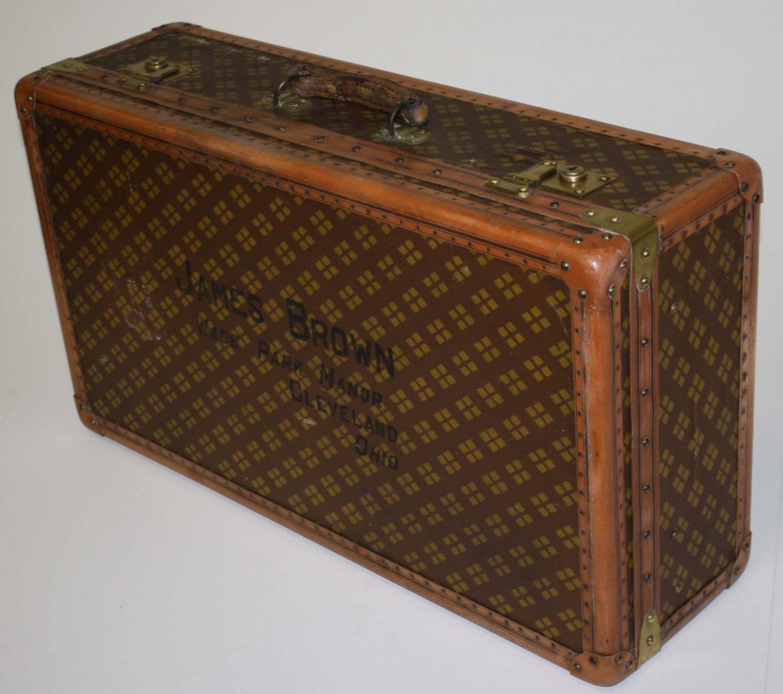 Leather suitcase marked Aux Etats Unis Paris No. 177: Leather suitcase marked Aux Etats Unis Paris No. 177 James Brown, Wade Park, Cleveland, Ohio.