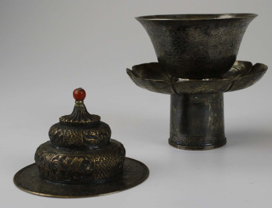 19th c Tibetan Chinese Buddhist silver cup w/ stand &: 19th c Tibetan Chinese Buddhist silver cup w/ stand & lid- ht 6”19th c Tibetan Chinese Buddhist silver cup w/ stand & lid- ht 6”19th c Tibetan Chinese Buddhist silver cup w/ stand & lid- ht 6”19