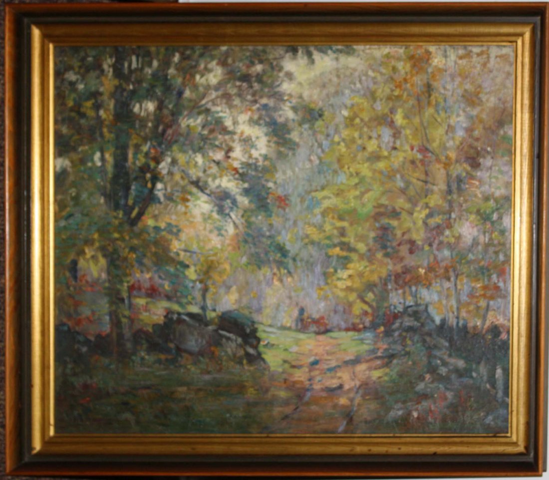 Howard Logan Hildebrandt (Am 1872- 1958) Forest: Howard Logan Hildebrandt (Am 1872- 1958) Forest landscape o/c signed lower left 22x 27"