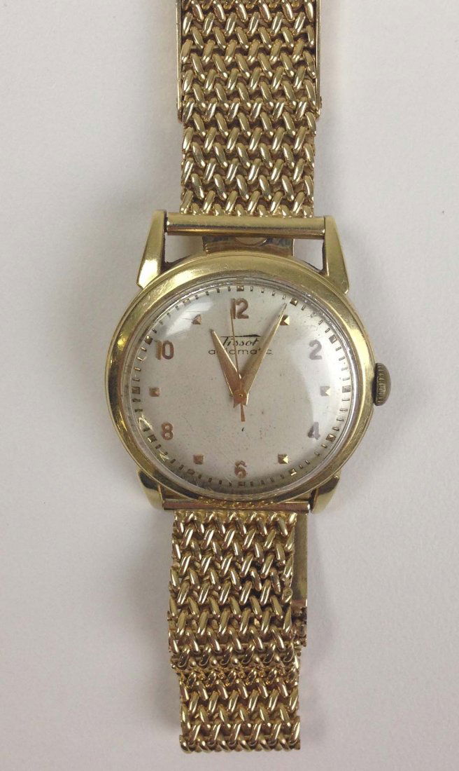 14k y.g. Tissot men's automatic wrist watch with mesh: 14k y.g. Tissot men's automatic wrist watch with mesh 14k y.g. band.