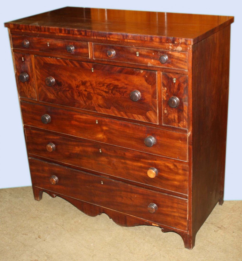 Hepplewhite mahog sideboard having two short dwr ov: Hepplewhite mahog sideboard having two short dwr ov three dwrs ov three long dwrs on shaped base. 45"w x 47"h x 21"d.