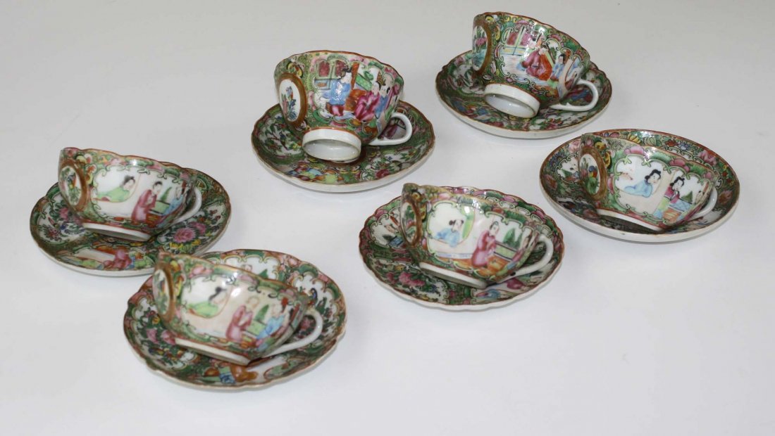 19th c Chinese Rose Mandarin cups & saucers w/ handles-: 19th c Chinese Rose Mandarin cups & saucers w/ handles- one dam 19th c Chinese Rose Mandarin cups & saucers w/ handles- one dam 19th c Chinese Rose Mandarin cups & saucers w/ handles- one dam 19th c C
