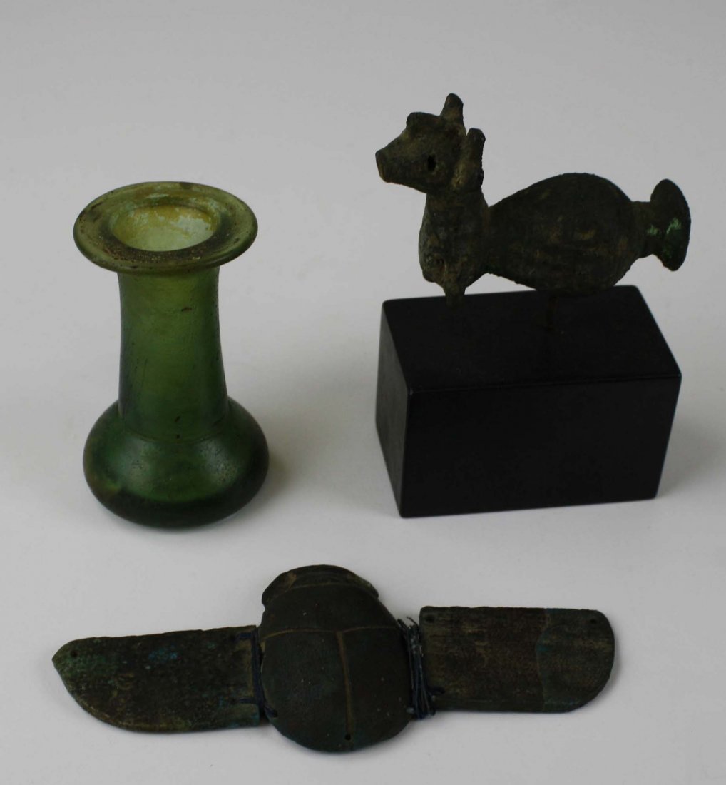 Ancient Roman glass vial- 3.25”, Egyptian scarab- 5.5”,: Ancient Roman glass vial- 3.25”, Egyptian scarab- 5.5”, cast bronze figure 3.25”