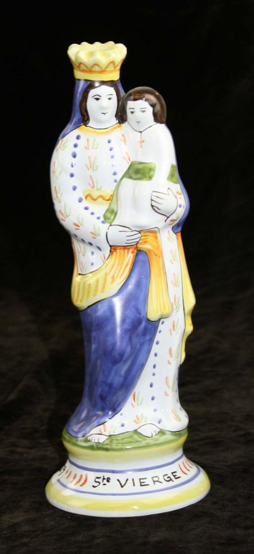 Quimper faience glaze pottery Sainte Vierge Madonna and: Quimper faience glaze pottery Sainte Vierge Madonna and Child statue 11"