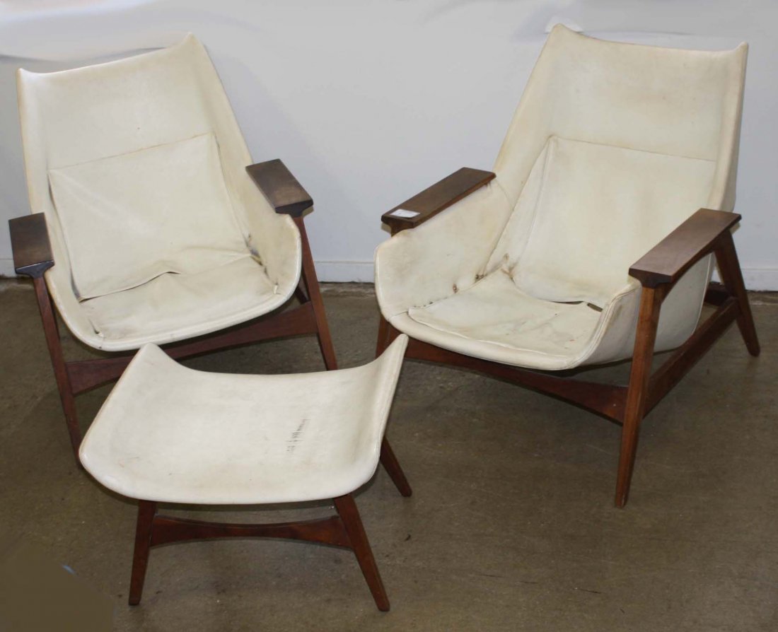 Pr of white leather Mid-Century arm chairs with one: Pr of white leather Mid-Century arm chairs with one ottoman. Adrian Pearsall.