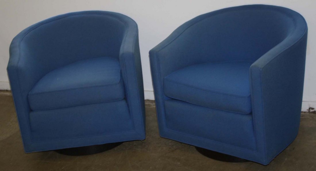 Pr of blue uph barrel back chairs, Edward Wormley for: Pr of blue uph barrel back chairs, Edward Wormley for Dunbar.