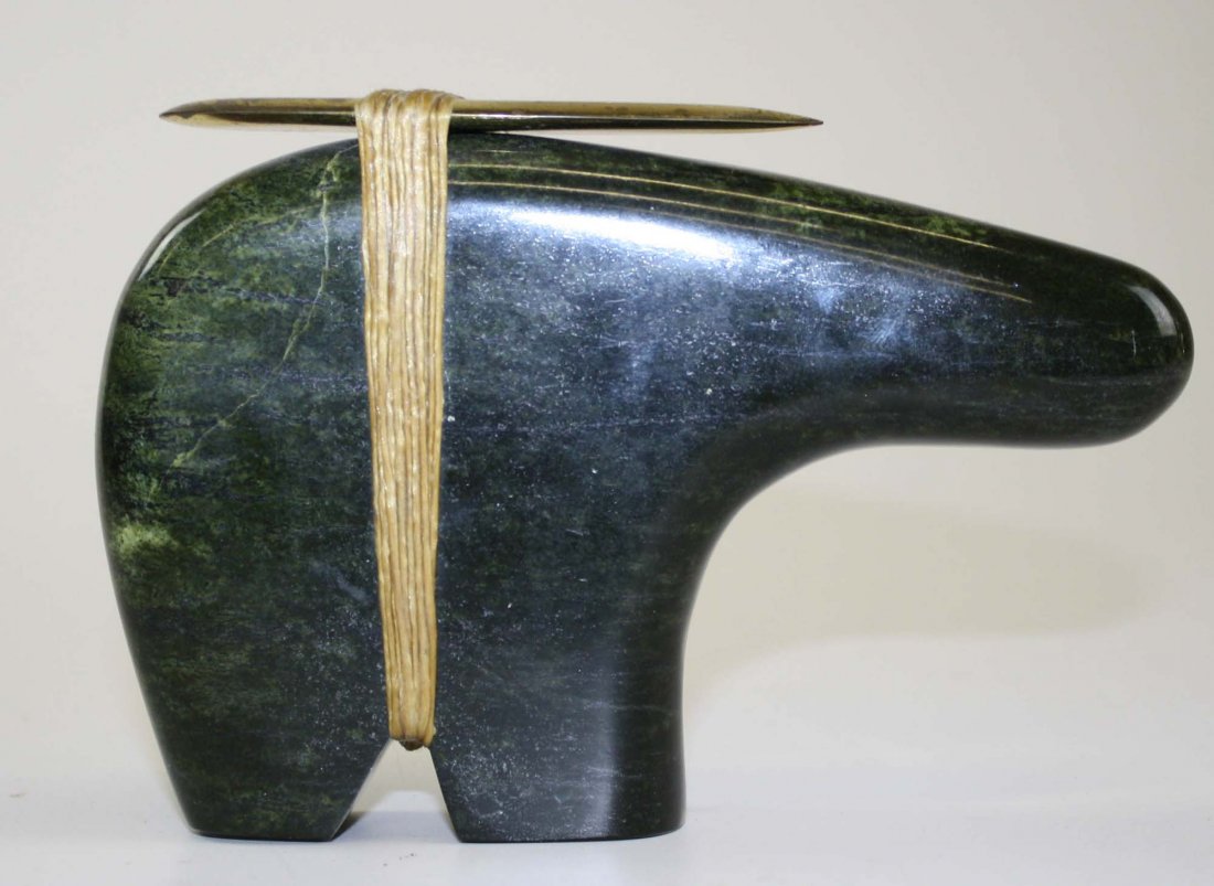 Ted Miller carved green soapstone Cherokee bear fetish: Ted Miller carved green soapstone Cherokee bear fetish w/ arrowhead- ht 4.5”, length 7”