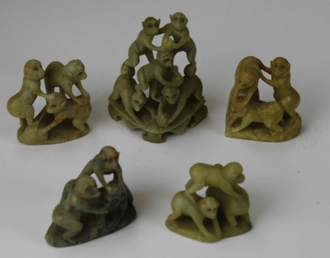 5 20th c Chinese playful monkeys carved soapstone: 5 20th c Chinese playful monkeys carved soapstone figural groups- ht 2” to 3.5”5 20th c Chinese playful monkeys carved soapstone figural groups- ht 2” to 3.5”5 20th c Chinese playful monkeys c