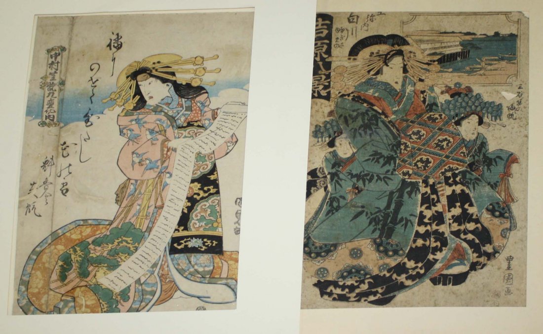 Two Japanese Edo period Ukiyo-e woodblock prints of: Two Japanese Edo period Ukiyo-e woodblock prints of young ladies in elaborate dress 13 x 9"