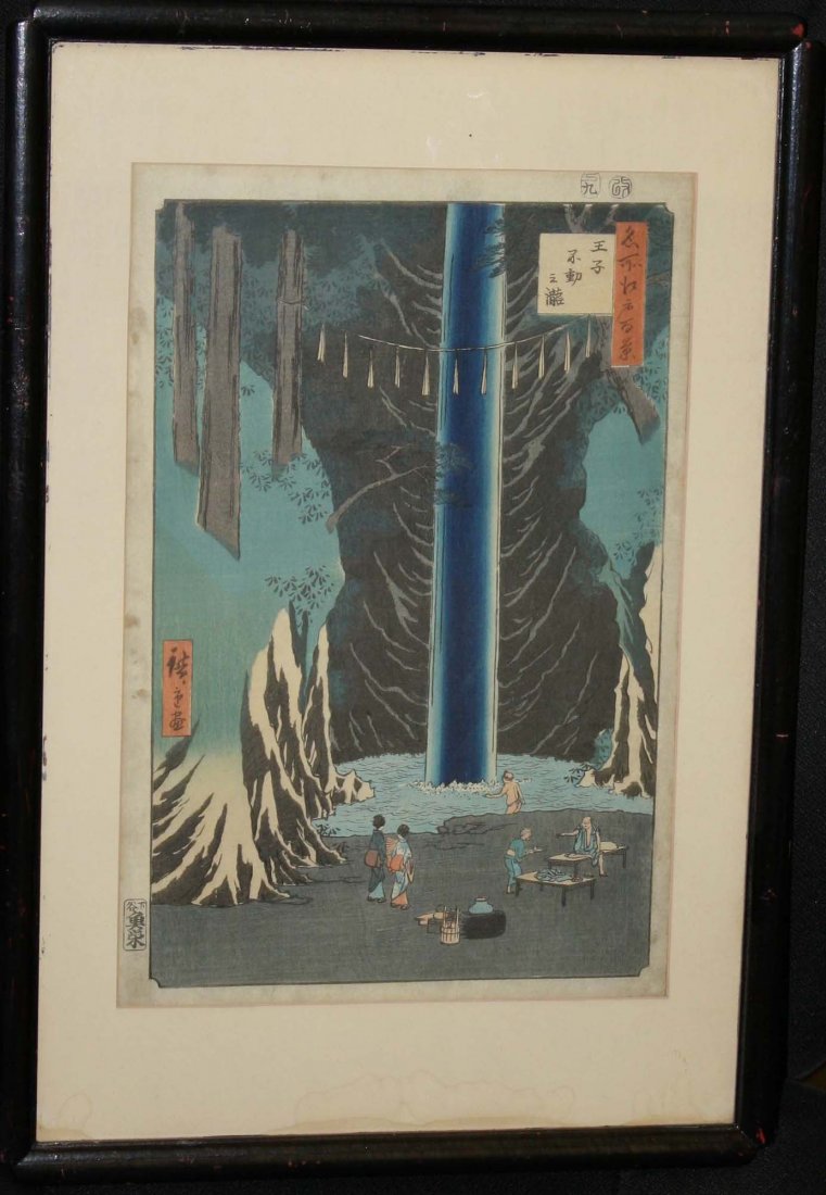Japanese edo period Ukiyo-e of a shrine with pilgrims: Japanese edo period Ukiyo-e of a shrine with pilgrims 13 x 9"