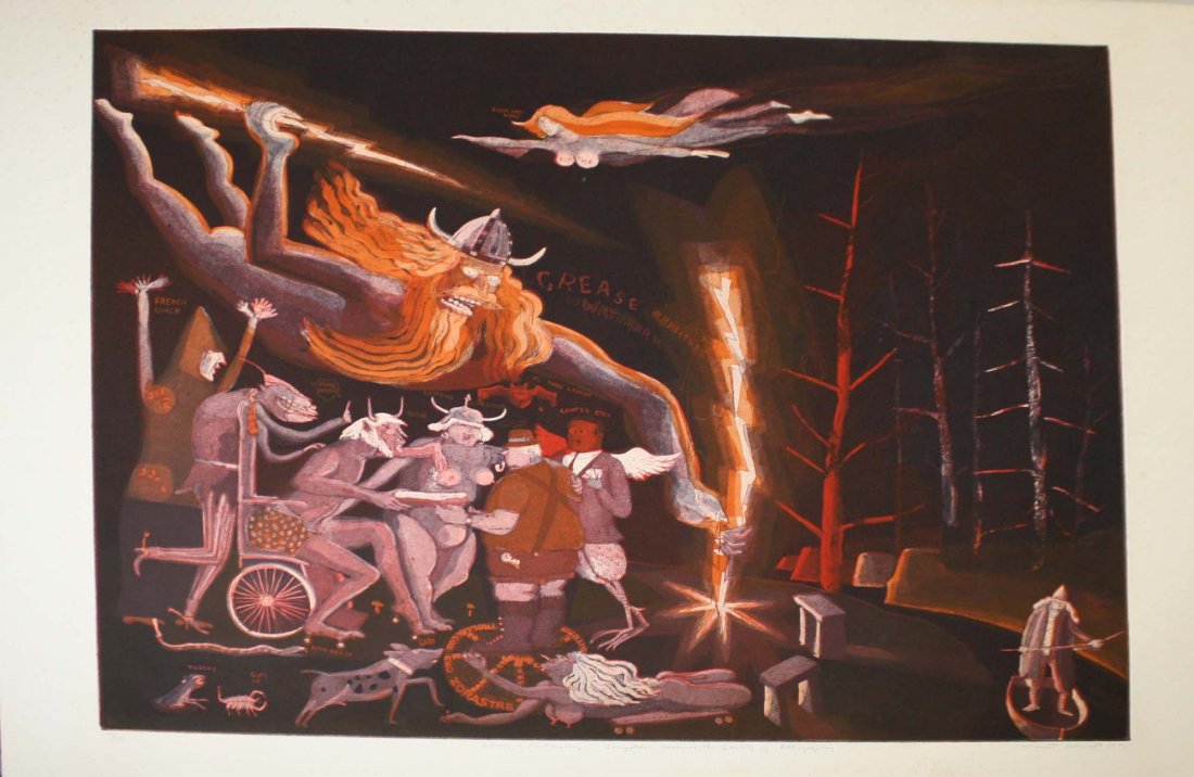 Warrington Colscott(Am 20th c ) History of Printmaking-: Warrington Colscott(Am 20th c ) History of Printmaking- Senefelder receiving the secrets of Lithography from printmaking gods- AP 22 x 28"