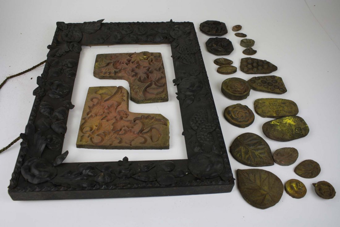 mid-19th c set of iron molds for forming leather leaves: mid-19th c set of iron molds for forming leather leaves & fruit on picture frames, w/ frame mid-19th c set of iron molds for forming leather leaves & fruit on picture frames, w/ frame mid-19th c set o