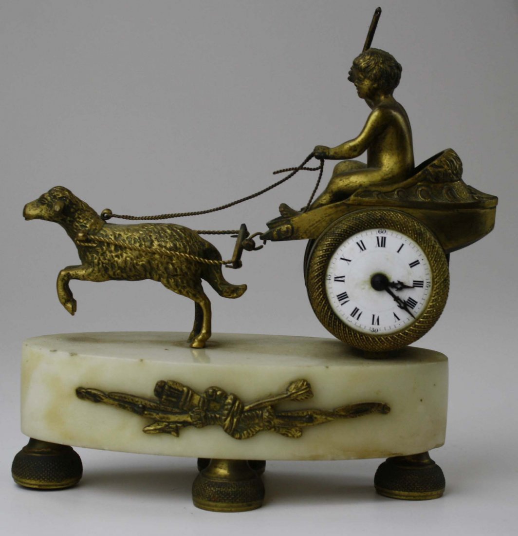 ca 1900 French ormolu gilt brass & marble figural: ca 1900 French ormolu gilt brass & marble figural clock- 7.5” x 7.5”