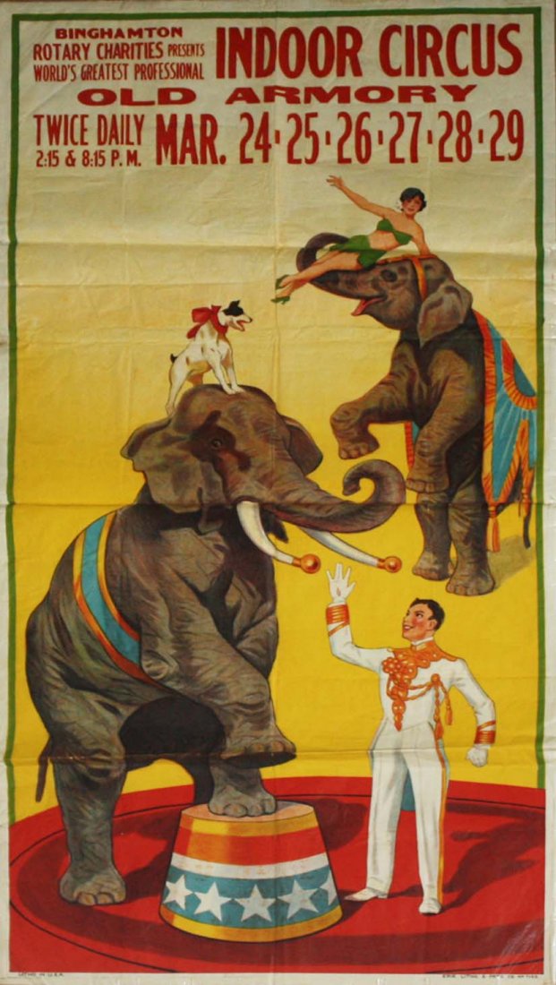 World's Greatest Professional Indoor Circus /: World's Greatest Professional Indoor Circus / Binghamton Rotary Charities Presents - trained elephants with dog and handlers. Erie Litho & Printing Co, Erie PA No7133. Creased, some minor wrinkling an