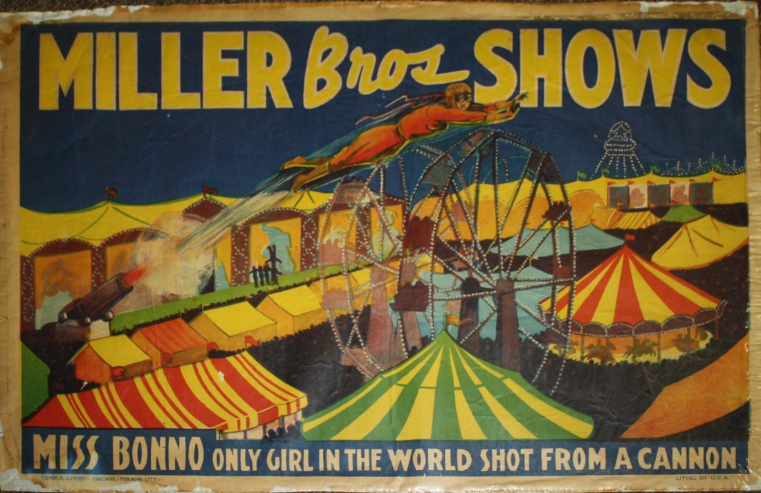 Miller Bros Shows / Miss Bonno - Only Girl in the World: Miller Bros Shows / Miss Bonno - Only Girl in the World Shot from A Cannon. Features Miss Bonno flying out of her cannon into the night sky above assorted carnival rides and circus tents. Temple Litho