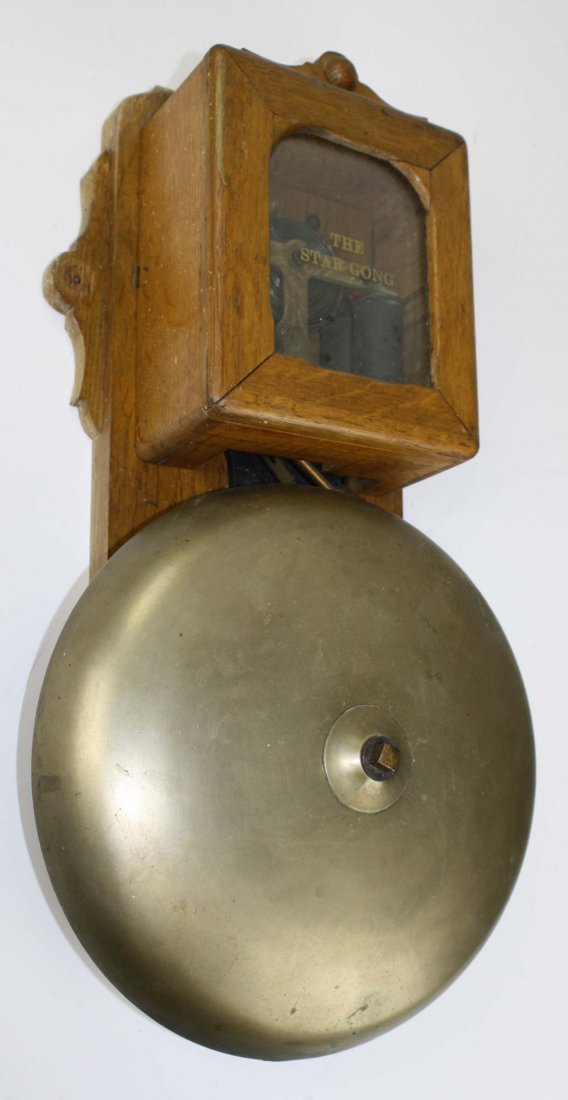 “The Star Gong” fire alarm station bell, pat 1887, oak: “The Star Gong” fire alarm station bell, pat 1887, oak case, 12” brass bell, electrically actuated, ht 21”