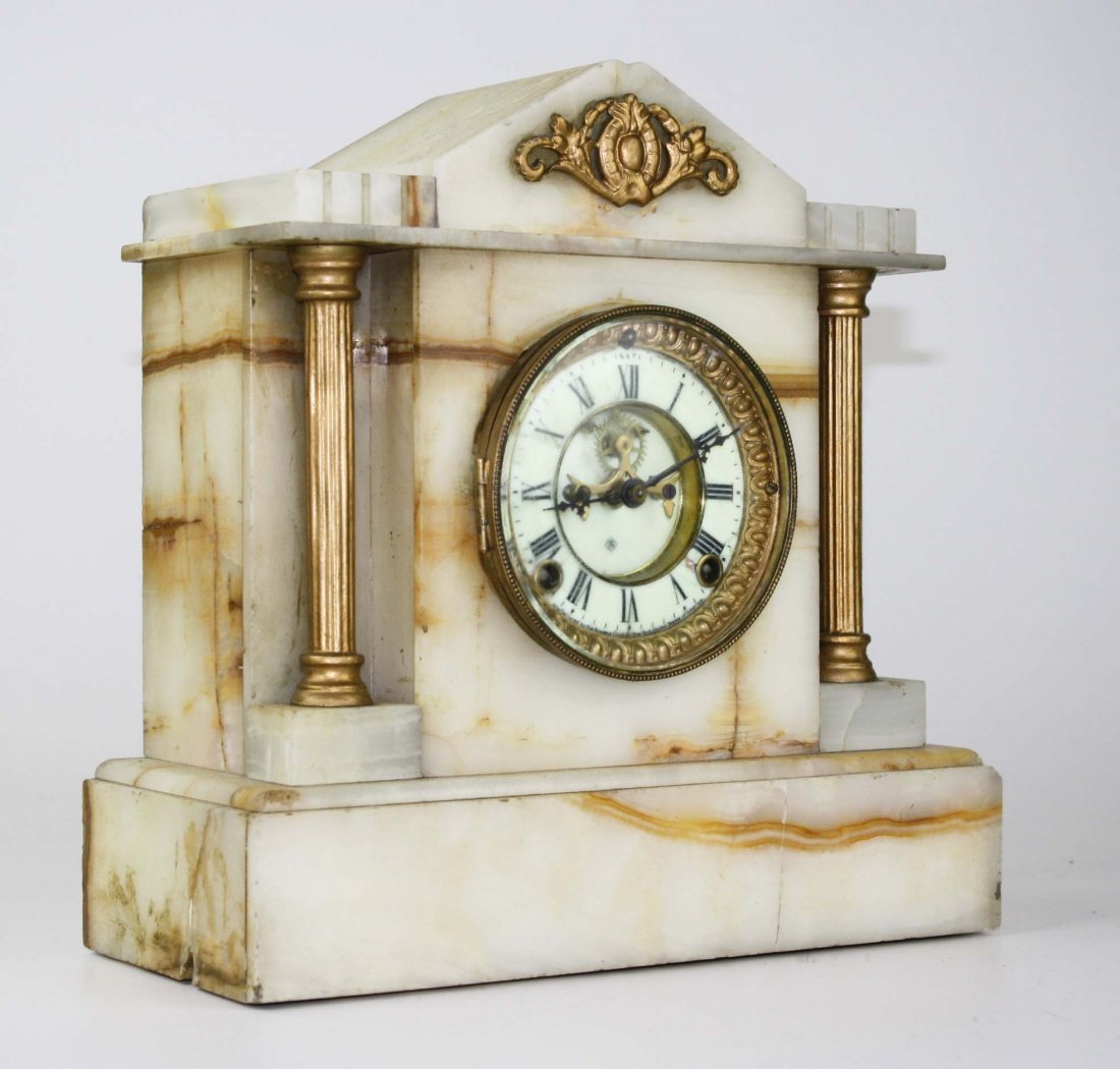 Ansonia onyx shelf clock w/ enameled dial, ht 12.25” (1 of 2)