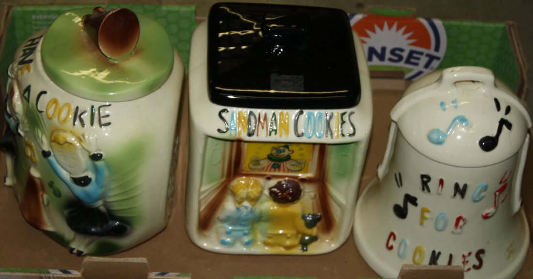 American Bisque "Sandman Cookies" clown TV 3D Flasher,: American Bisque "Sandman Cookies" clown TV 3D Flasher, "Ring For Cookies" bell form, and "Have a Cookie" dancers cookie jars -bell w/hairline