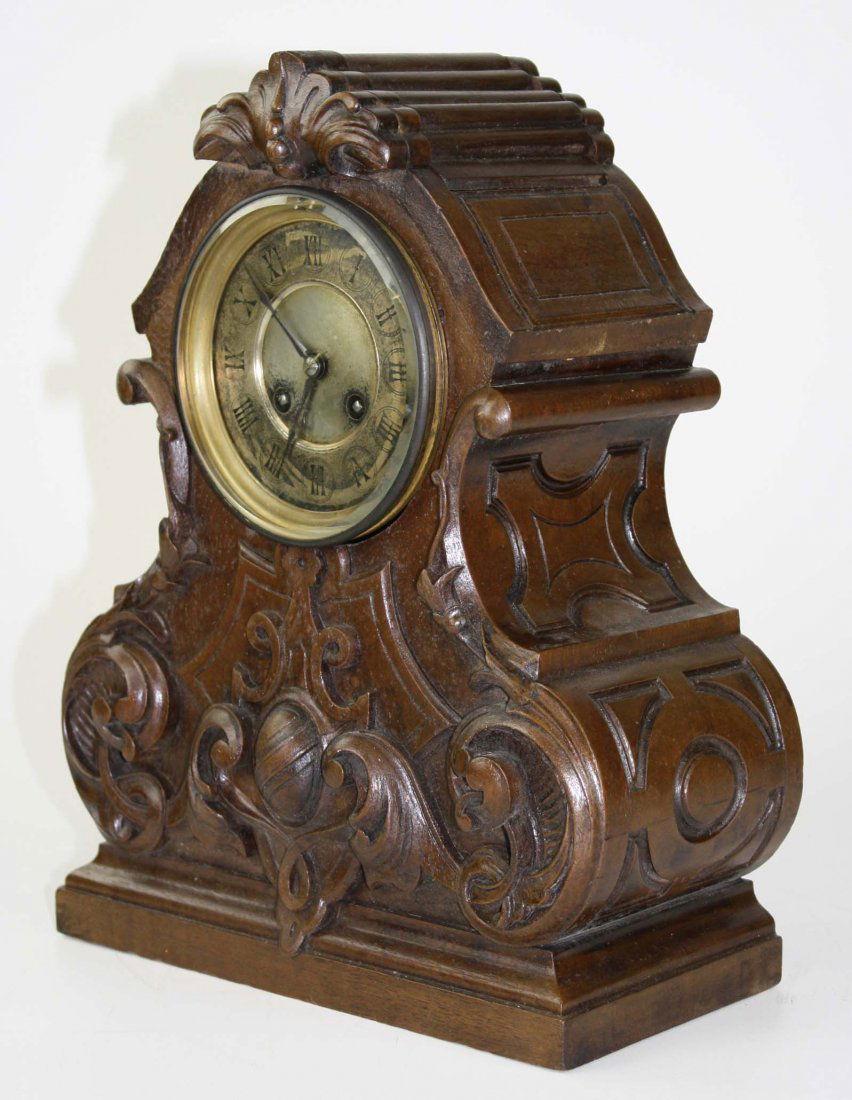 unusual Victorian carved bracket clock w/ silvered (1 of 2)