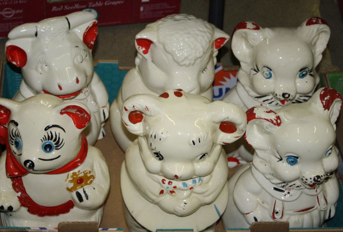 6 Am. Bisque bear, lamb, and cow form cookie jars incl: 6 Am. Bisque bear, lamb, and cow form cookie jars incl 'turnabout' dbl face top