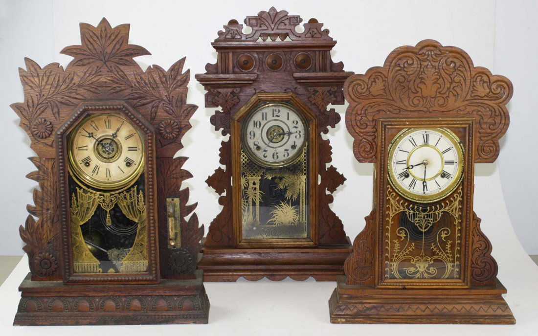 3 Victorian gingerbread clocks, oak & walnut, ht 23”- (1 of 1)