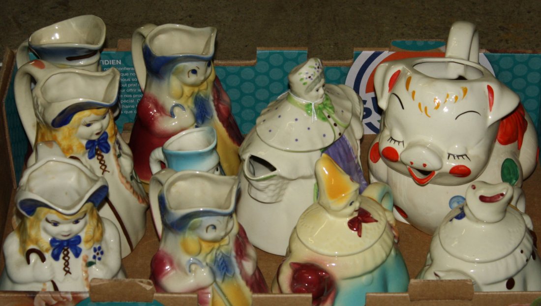 Shawnee Bo-Peep, Granny, and Pig pitchers, creamers,: Shawnee Bo-Peep, Granny, and Pig pitchers, creamers, and teapots 10 pcs